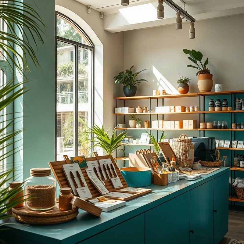 Vitrine de produtos selecionados em balcão teal-moderno em pequena loja de Recife